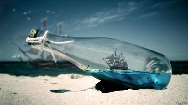ship, depth of field, water, white, sailing ship, bottles