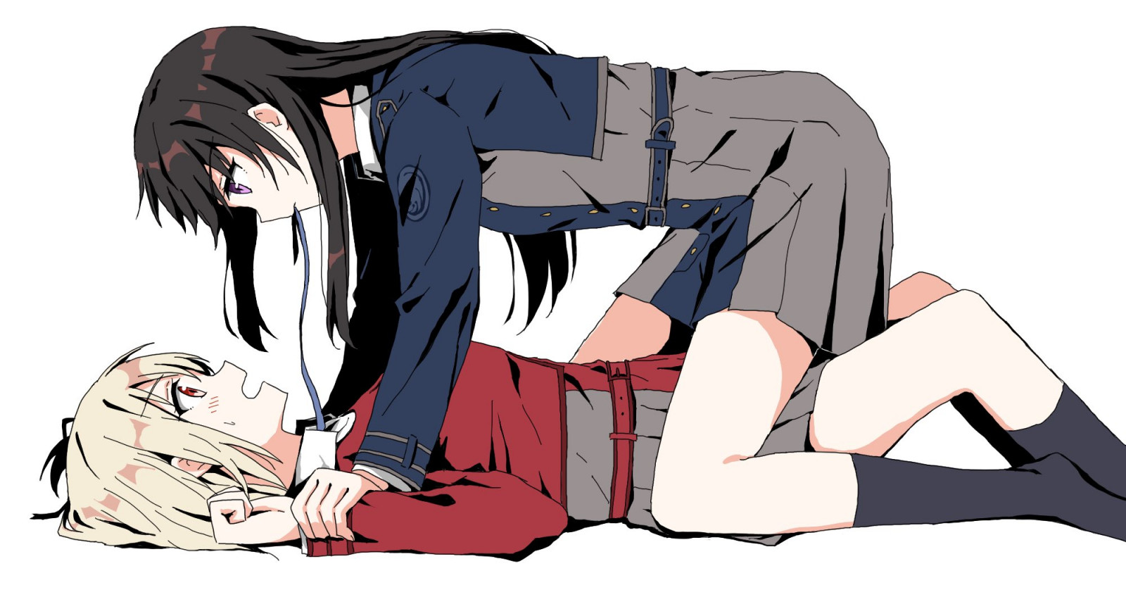 anime, Anime piger, Lycoris Recoil, Nishikigi Chisato, Inoue Takina, kort hår, blond, langt hår, sort hår, two women, kunstværk, Digital kunst, fan kunst, Yuri