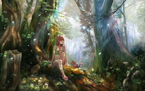 sunlight,landscape,forest,painting,redhead,fantasy art
