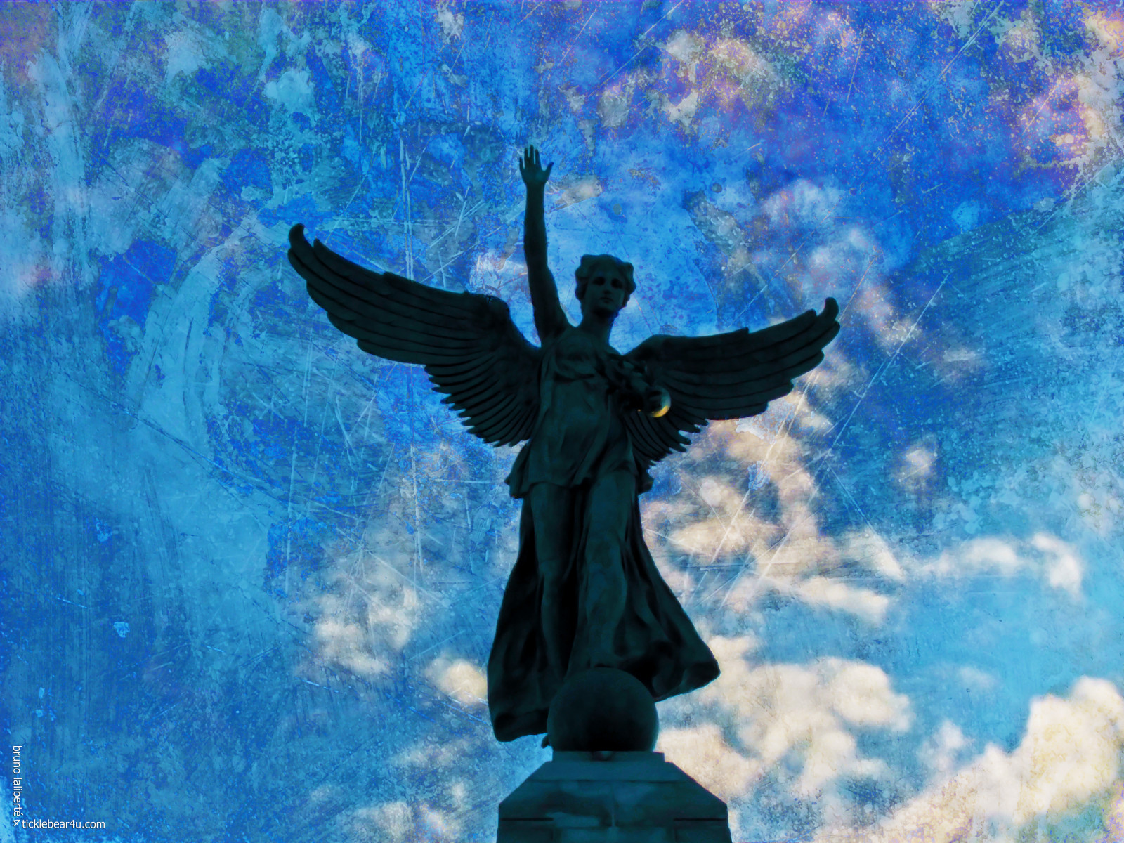 Photoshop, město, nebe, anděl, mraky, modrý, sochařství, HDR, socha, textura, Montreal, 2013, Fujifilm, umění, andělé, realita, hypotetický, skeletalmess, kreativepeople, brunolalibert