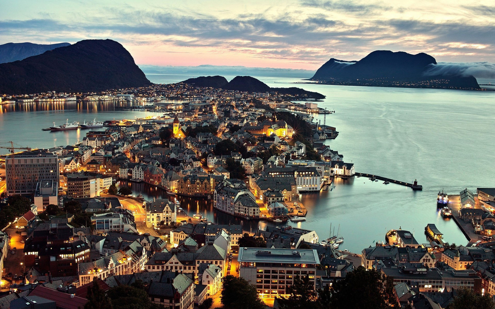 paysage, le coucher du soleil, mer, Paysage urbain, baie, soir, côte, ville, crépuscule, Alesund, photographie aérienne