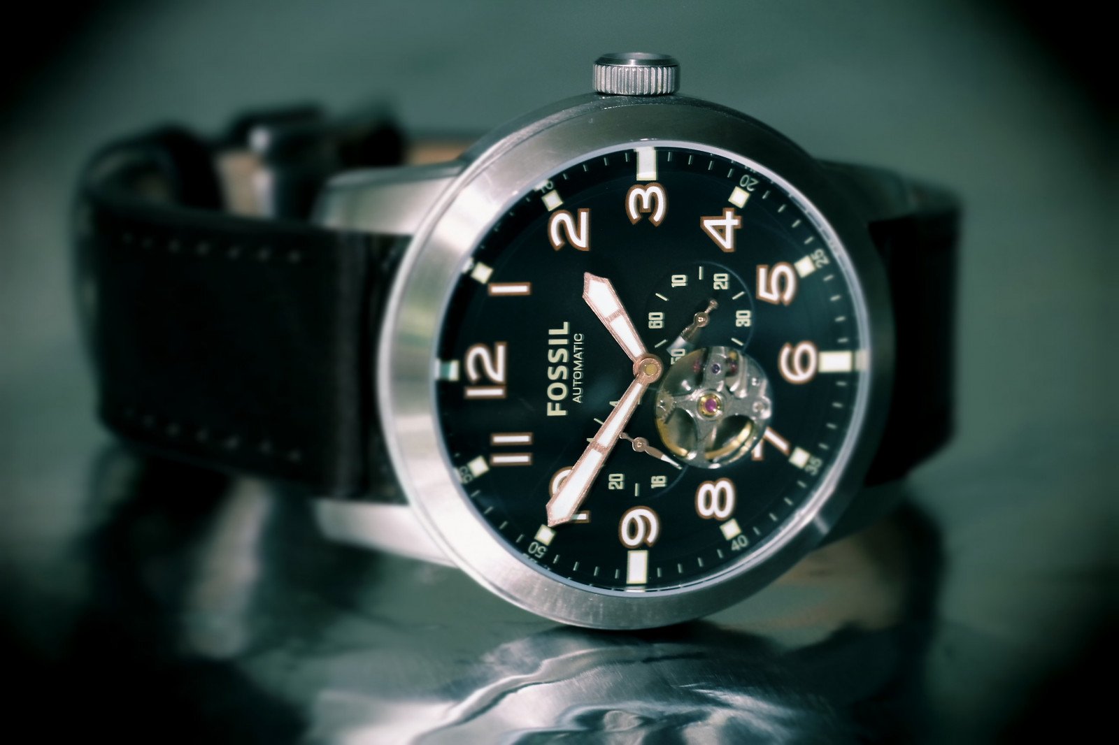 Kánon, eos, 60d, hodinky, náramkové hodinky, hodinky, fosilní, Pilot54, odrazy, kůže, kapela, uvnitř, indoorwinterblues, čas