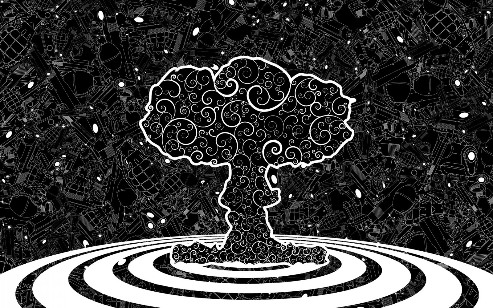 stromy, ilustrace, pistole, černobílý, symetrie, vzor, kruh, granáty, hub mraky, design, 1920x1200 px, Černý a bílý, monochromatické fotografování, font