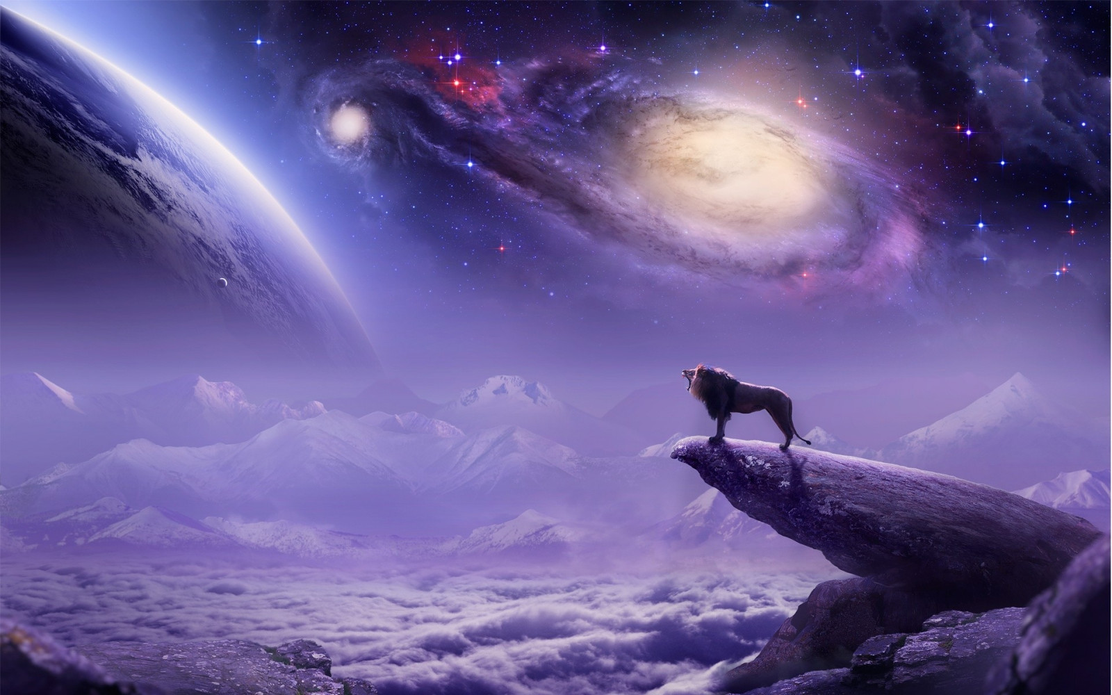 1920x1200像素, 气刷, 云彩, 数字艺术, 星系, 景观, 狮子, 山, 绘画