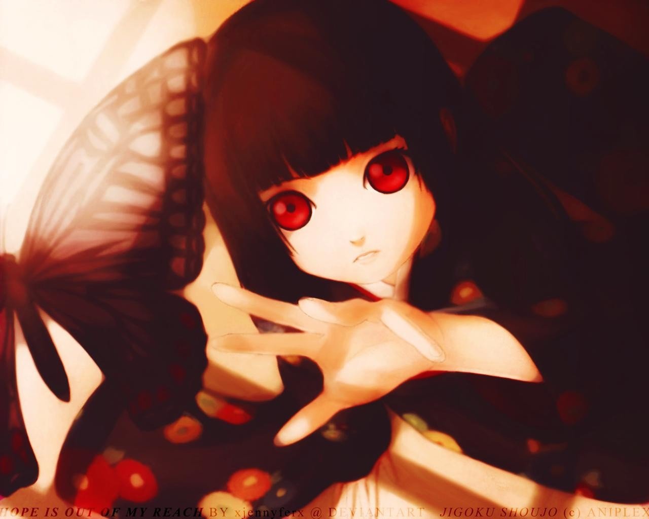 1280x1024 px, anime, gadis anime, kupu-kupu, Enma Ai, kimono, mata merah