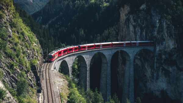 train,mountains,aerial view,bridge,railway,Switzerland