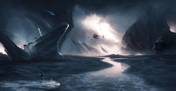 spaceship,science fiction,digital art,digital painting,ship,sea