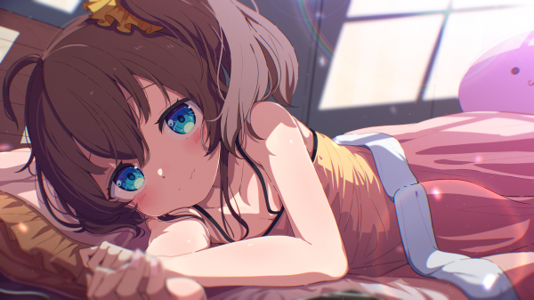 fan art,blue eyes,Hololive,Natsuiro Matsuri,bed,brunette