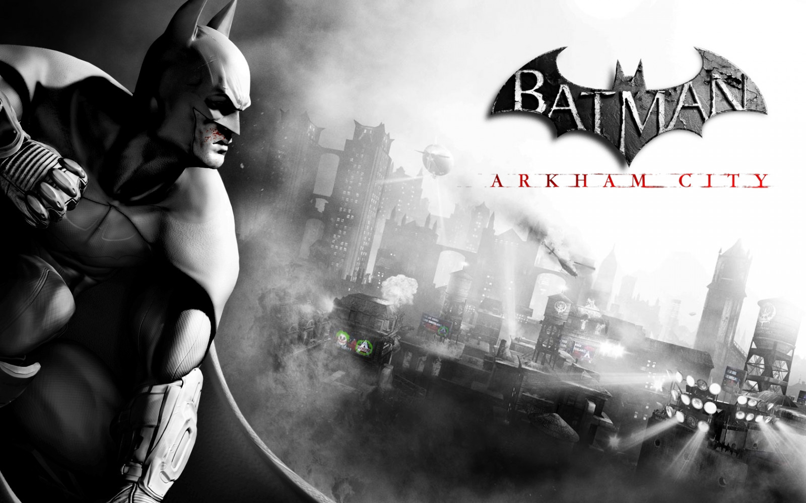 Batman Arkham City, město, charakter, název, netopýr, Černý a bílý, Bat-man