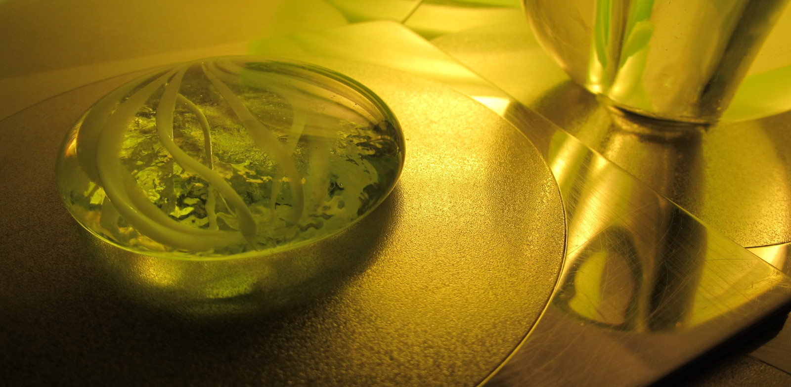 zelená, žlutý, sklenka, záře, odrazy, zblízka, makro fotografie, zátiší fotografování, STG, leadedglass, Metalblgreen