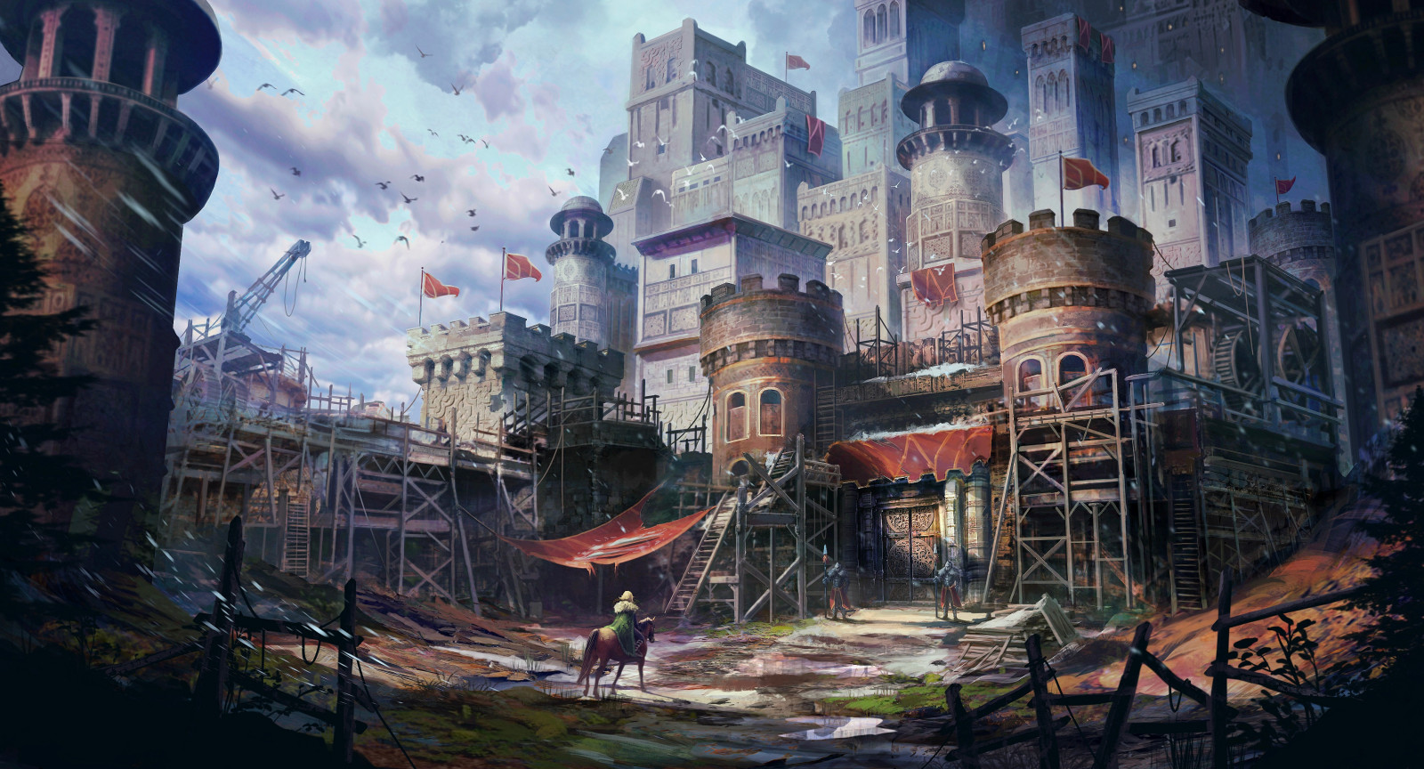 castle, digital art, artwork, architecture, medieval, medieval art, clouds, building