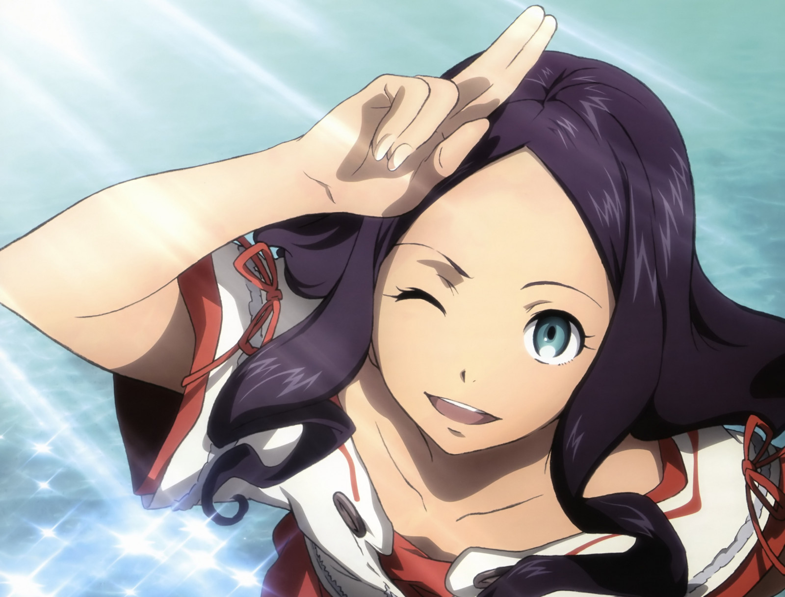 ilustrace, anime, bruneta, kreslená pohádka, černé vlasy, mrkat, Eureka Seven, dívka, gesto, mangaka