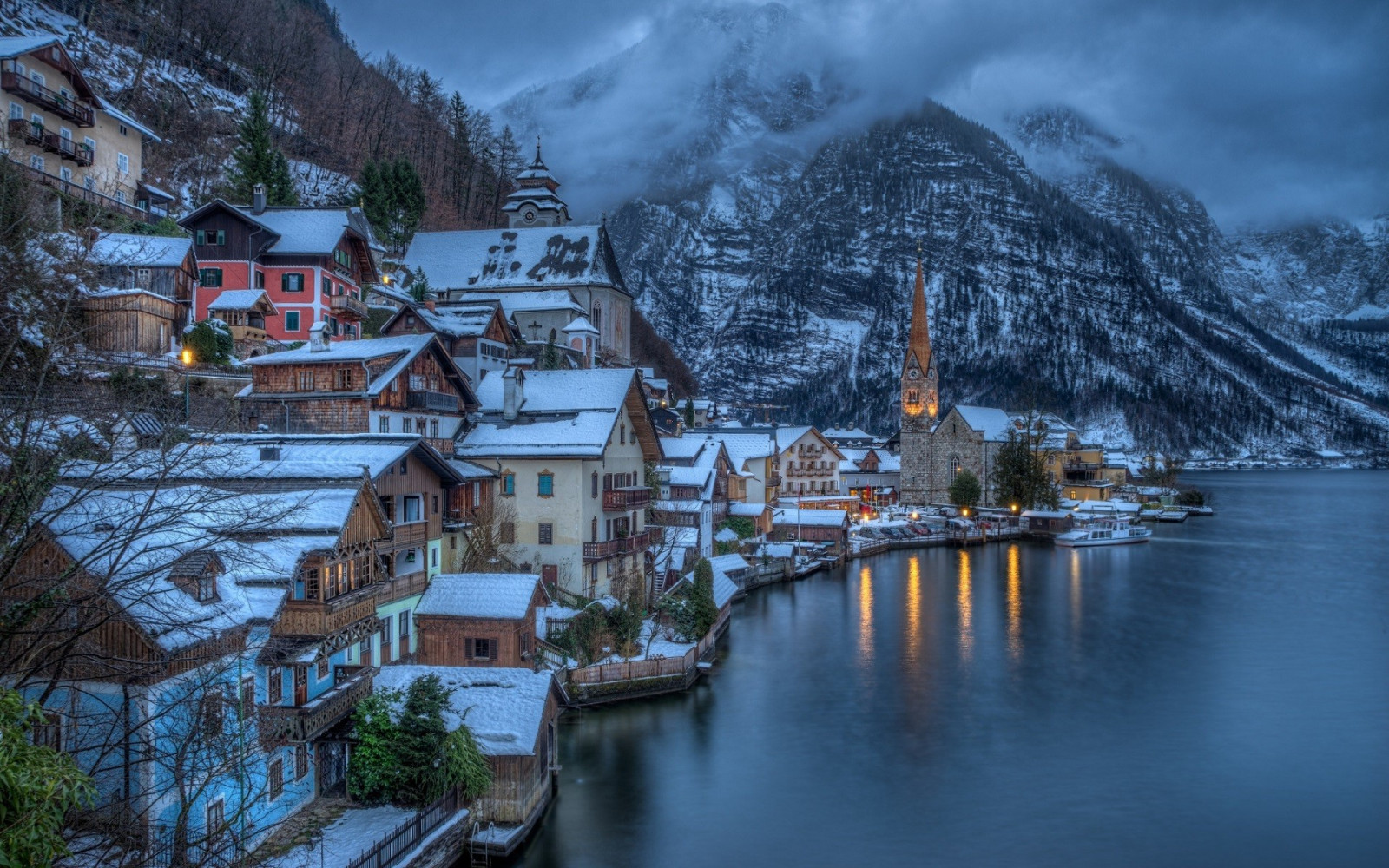 paesaggio, mare, città, paesaggio urbano, lago, riflessione, la neve, inverno, nebbia, cittadina, nuvoloso, Austria, Alpi, Hallstatt, montagna, stagione, 1920x1200 px, morfologie montane, fotografia aerea, catena montuosa