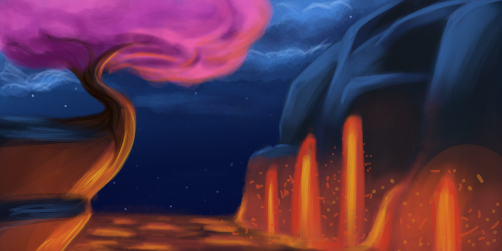 láva, Sakura blossom, Třešňový květ, noc, mraky