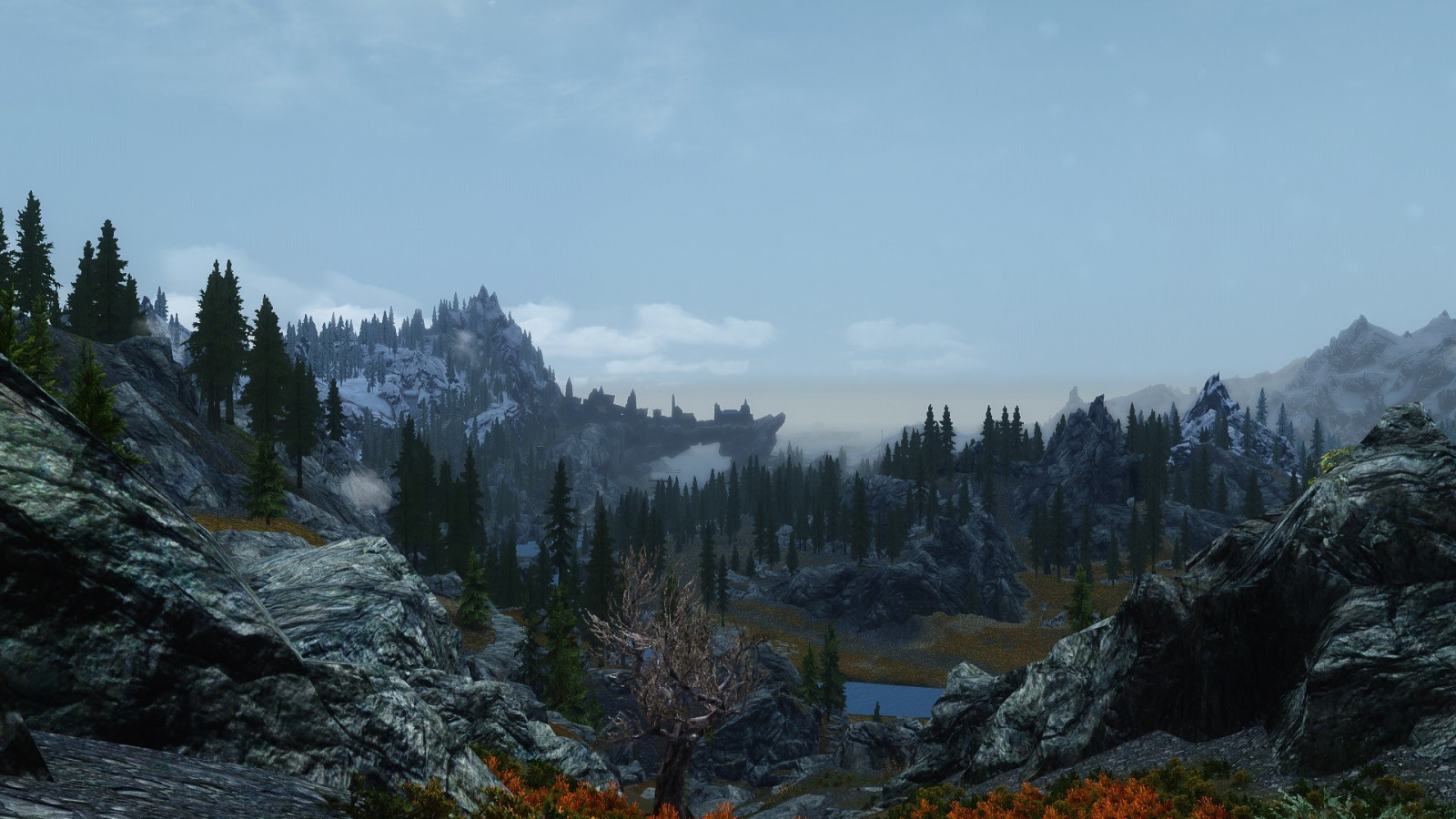 krajina, les, videohry, sníh, údolí, The Elder Scrolls V Skyrim, horský průsmyk, divočina, Alpy, vrcholek, plošina, hřbet, Terén, strom, hora, počasí, stezka, dobrodružství, 1920x1080 px, horských reliéf, landform, ekosystém, geologický fenomén, pohoří