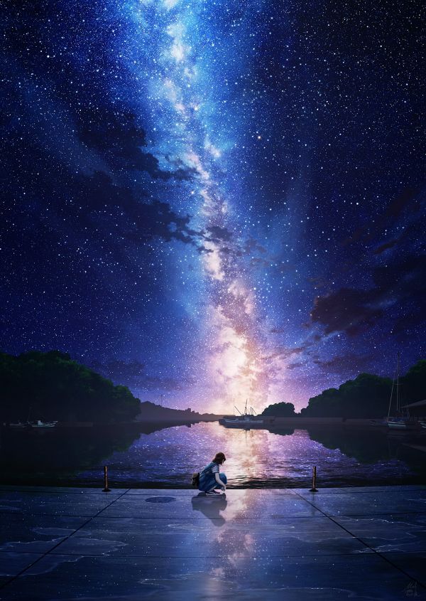 artwork,digital art,night,stars,nature,mountains