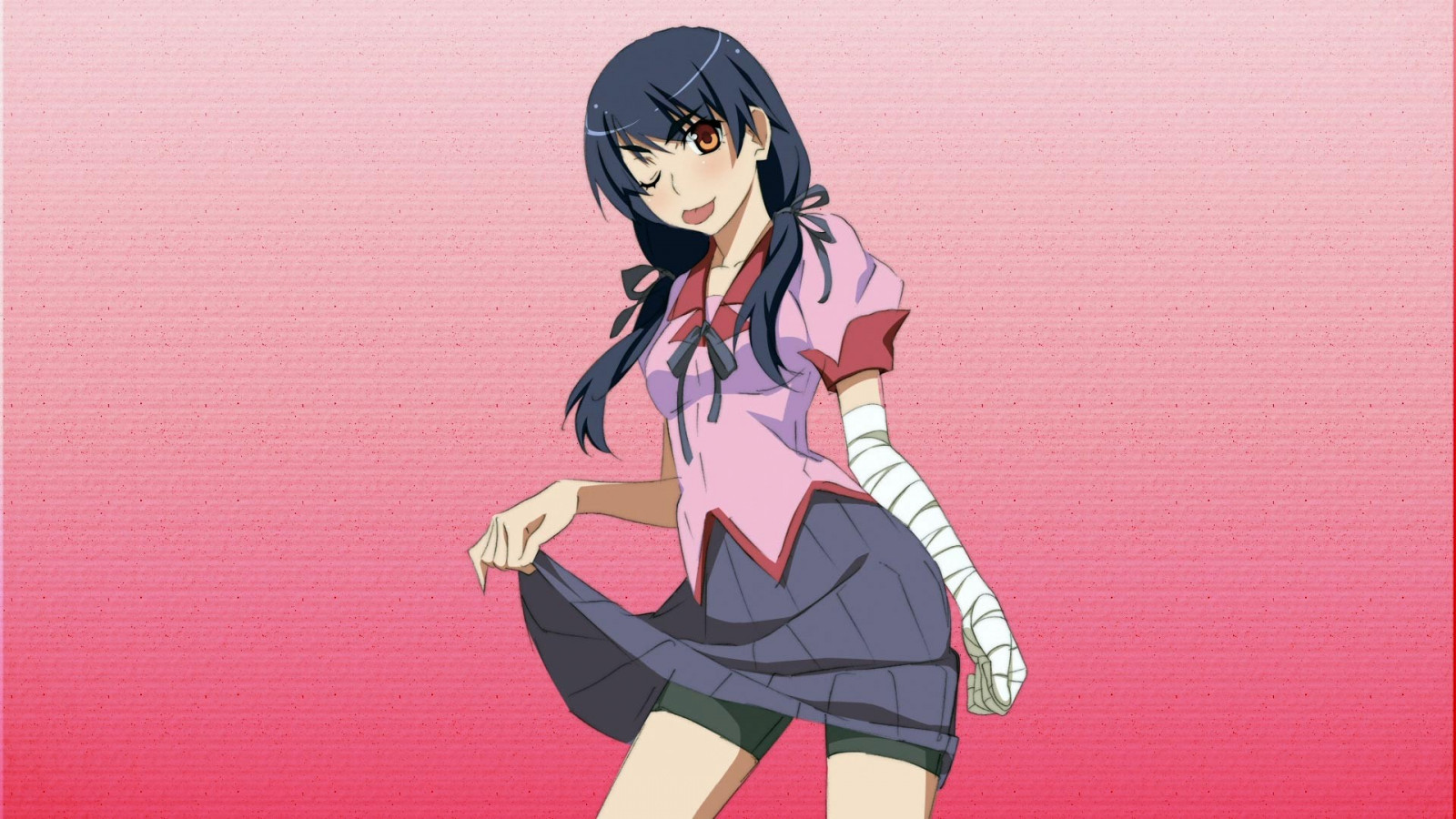 illustrazione, Monogatari, anime, anime girls, cartone animato, uniforme scolastica, twintails, Kanbaru Suruga, mangaka