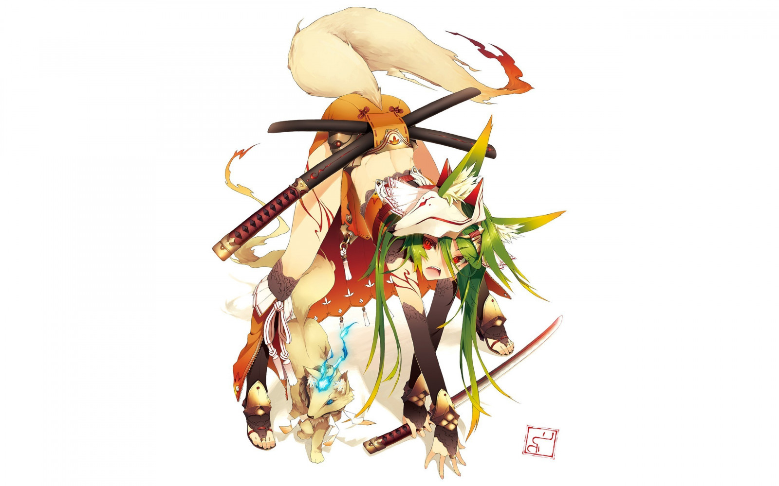 illustration, Anime, dessin animé, Ninjas, les yeux rouges, cheveux verts, Renard, 2560x1600 px