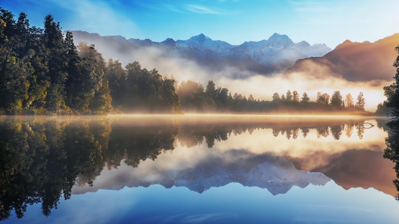 2048x1152 px, forest, landscape, lake, mist, mountain