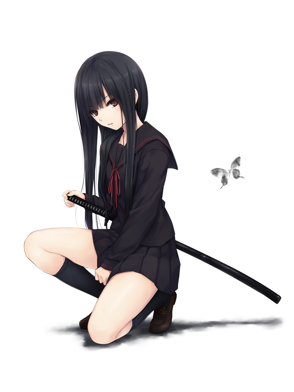 dark hair, long hair, school uniform
