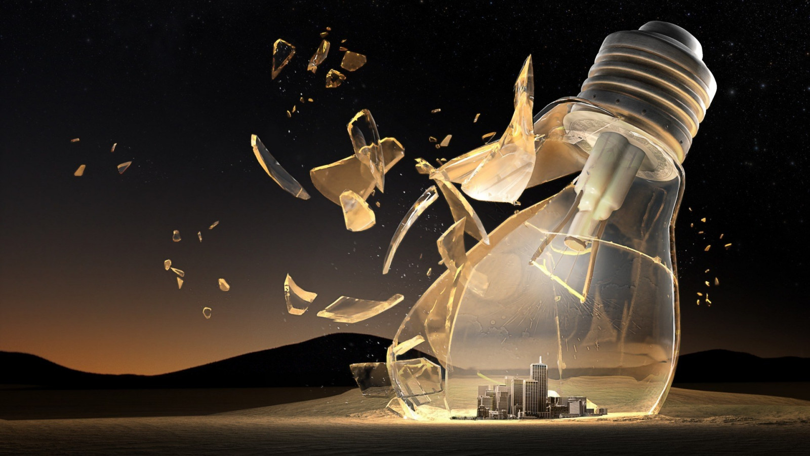 digitální umění, rozbité sklo, město, noc, Příroda, písek, 3D, budova, žárovka, stín, hvězdy, kopce, poušť, žárovka, světlo, osvětlení, tma, Snímek obrazovky, počítač tapeta