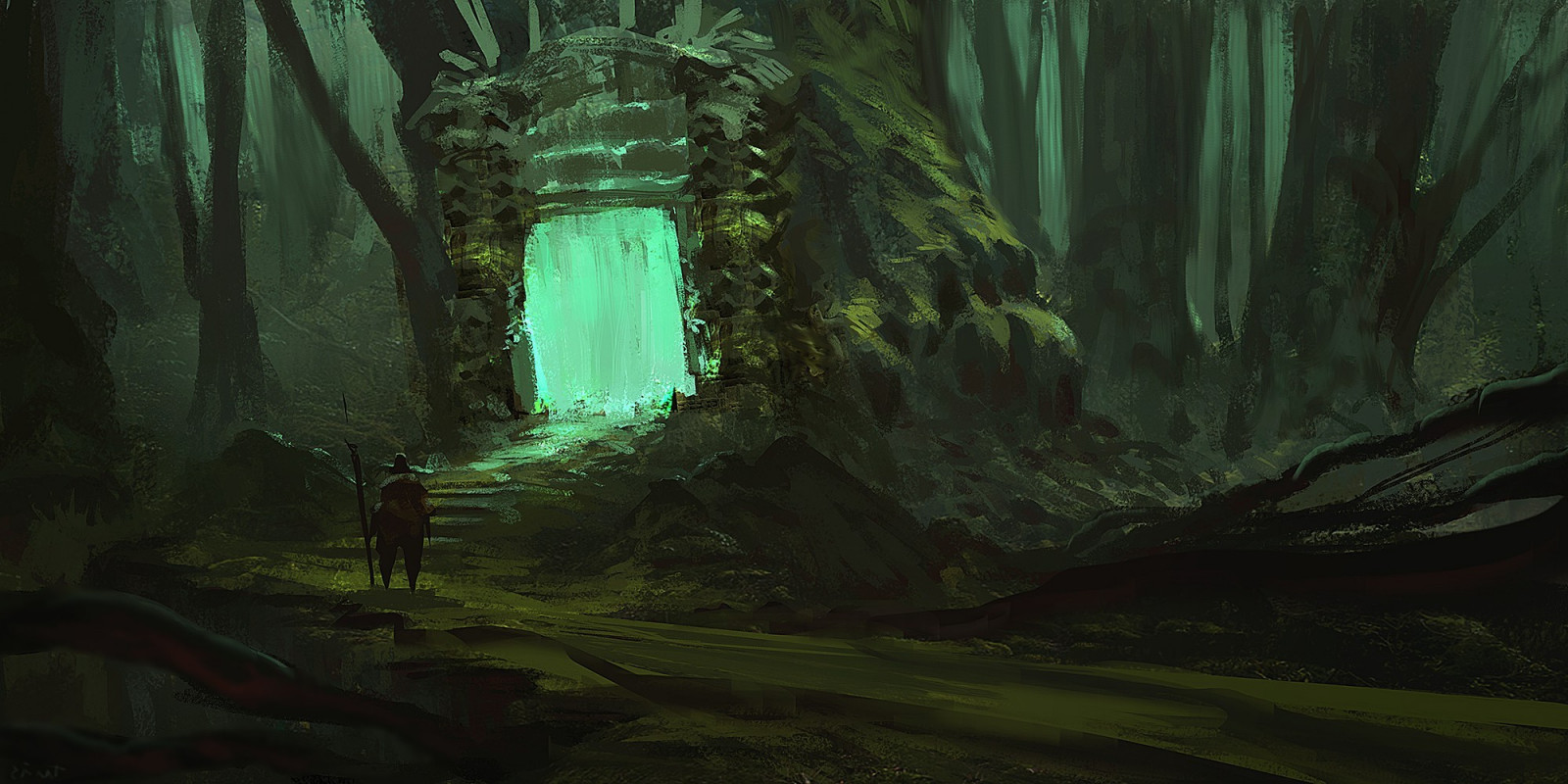 les, fantasy umění, zelená, džungle, bažina, deštný prales, mokřadní, Terén, tma, Snímek obrazovky, 2000x1000 px, místo výskytu, přírodní prostředí, počítač tapeta, geografický rys, ekosystém, prales