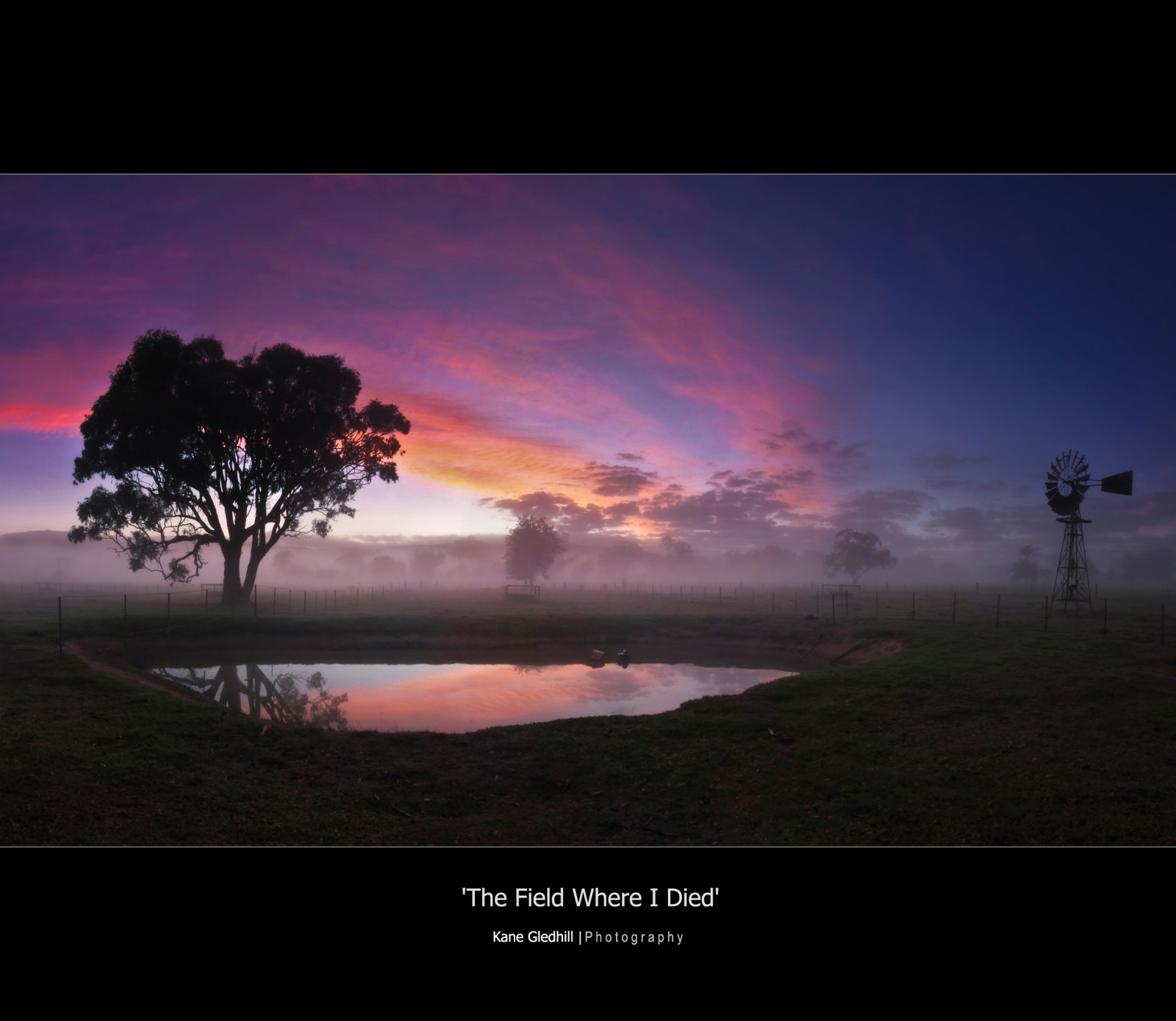 lyserød, blå, træ, grøn, vand, vindmølle, tåge, refleksioner, daggry, Dam, gård, Australien, udforske, nsw, qld, Queensland, Kane, Gress, Gledhill, kanegledhill, vosplusbellesphotos, kanegledhillphotography