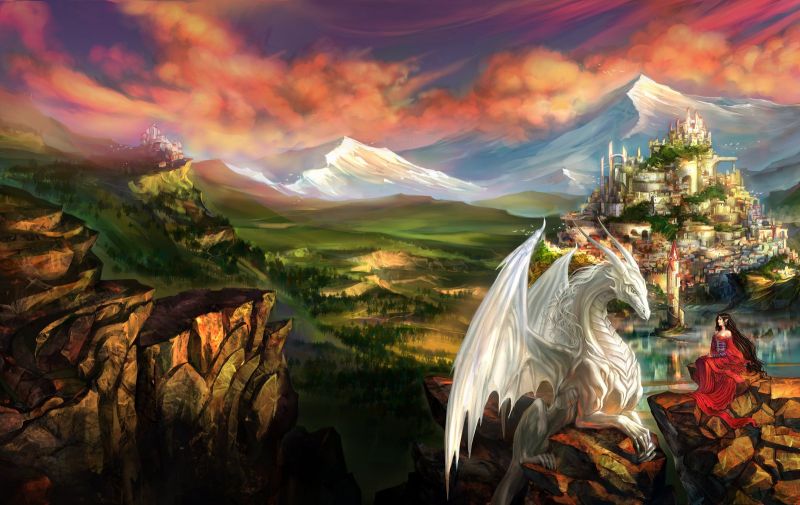dragon, elf, fantasy, landscape, 1600x1011 px, dress dragon, elf, fantasy, landscape, 1600x1011 px, dress
