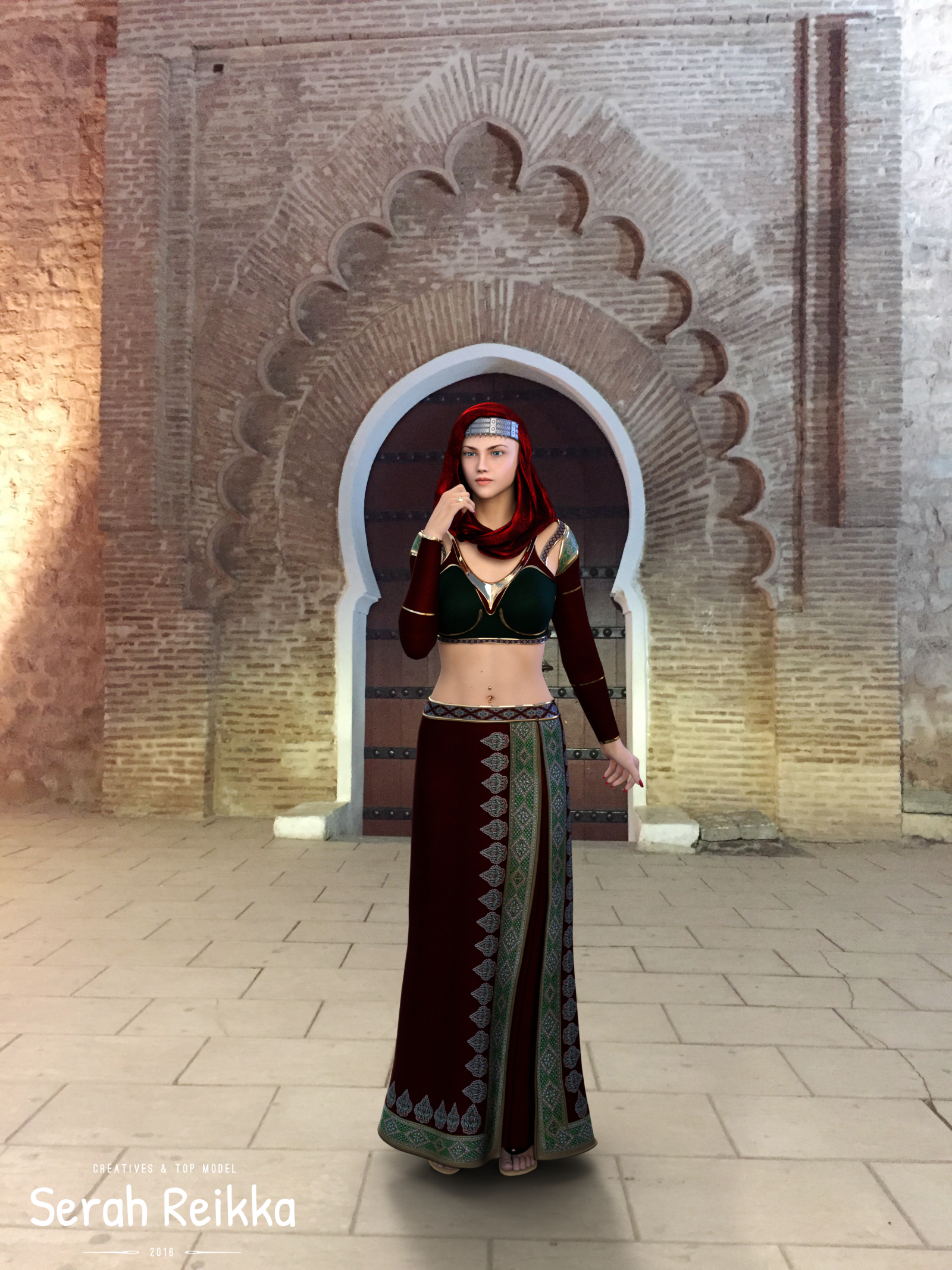 donne, serah reikka, modello, abbigliamento tradizionale, gioielli, ombelico forato, pancia, unghie, unghie rosse, modello di fitness, occhi blu, notte, rendere, CGI, arte digitale, 3D, progettazione 3d