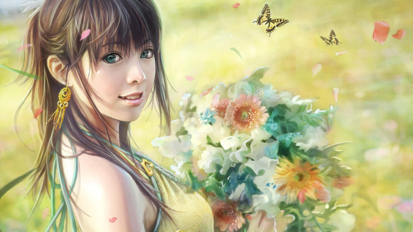 1920x1080 px, UMĚNÍ, umělecká díla, Asiaté, brunety, motýli, tvář, tváře, fantazie, květiny, dívky, vlasy, dlouho, Příroda, smajlík, usmívající se, jaro, ženy