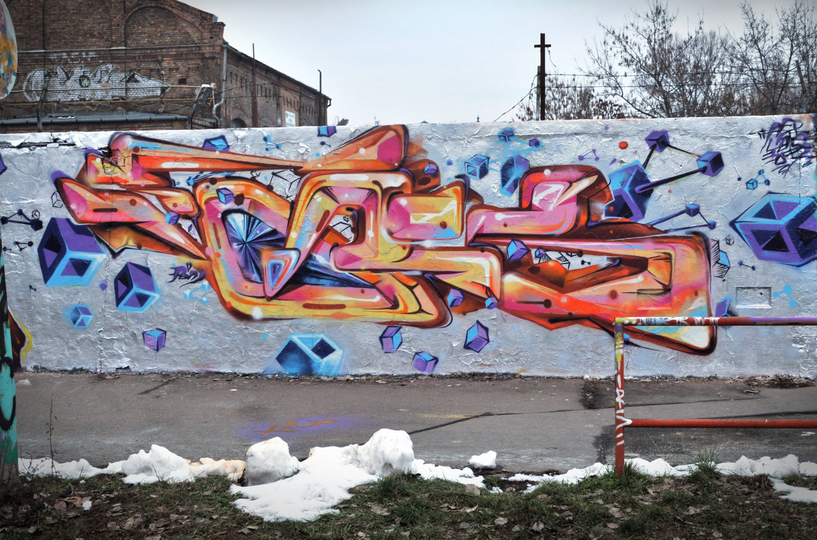 acqua, la neve, inverno, parete, cubo, forchetta, graffiti, arte di strada, rosa, Budapest, Ungheria, cromo, murale, spray, ARTE, sala, caramella, diamante, apocalisse, ottico, fama, ubs, AFX, Fanatix, sw307