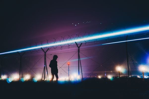 man, silhouette, barbed wire, night