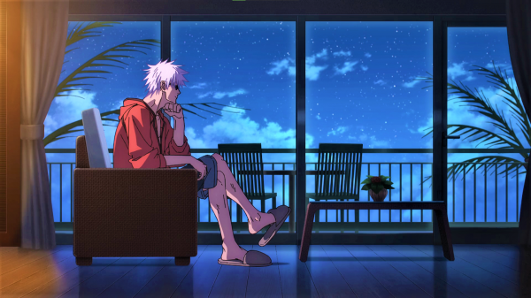 Jujutsu Kaisen,Satoru Gojo,slippers,white hair,glasses,window
