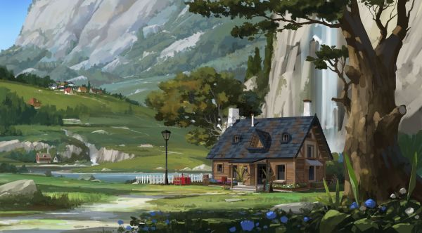 digital art,trees,house,mountains,water