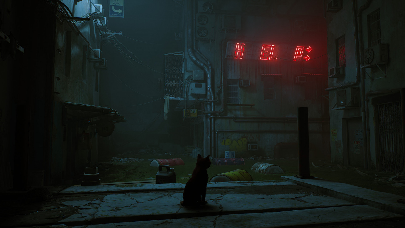 Wallpaper stray, cyberpunk, city, dystopian, cats, video games