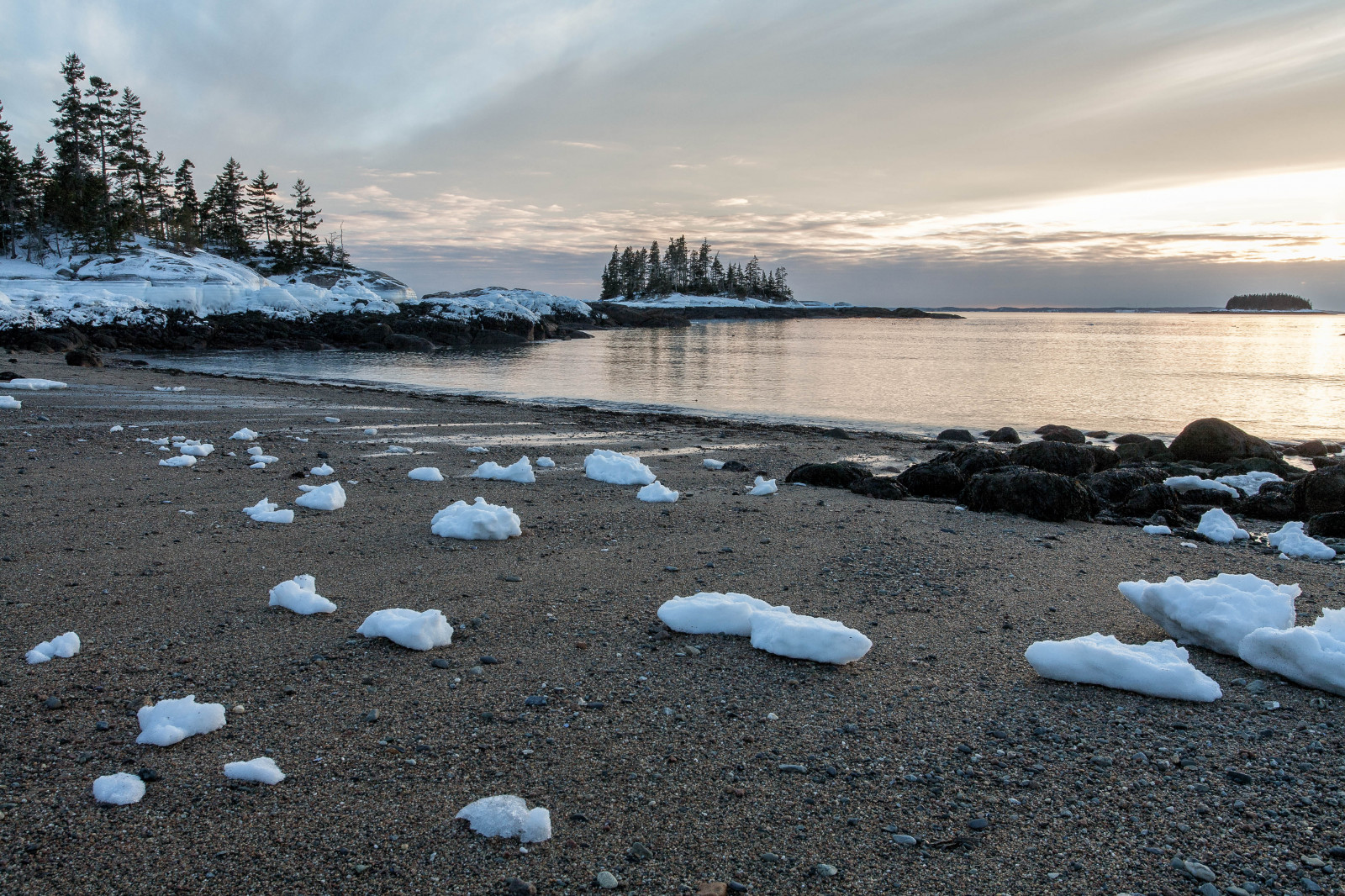 Wallpaper winter, snow, ice, beach, island, coast, Maine, lowtide