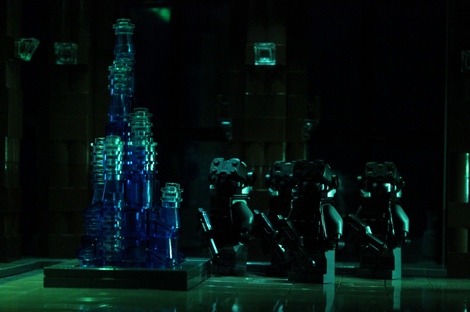 noc, cyberpunk, zelená, LEGO, válečný, metropole, půlnoc, světlo, scéna, osvětlení, fáze, tma, počítač tapeta, zvláštní efekty, výsadkář, tmavá voda