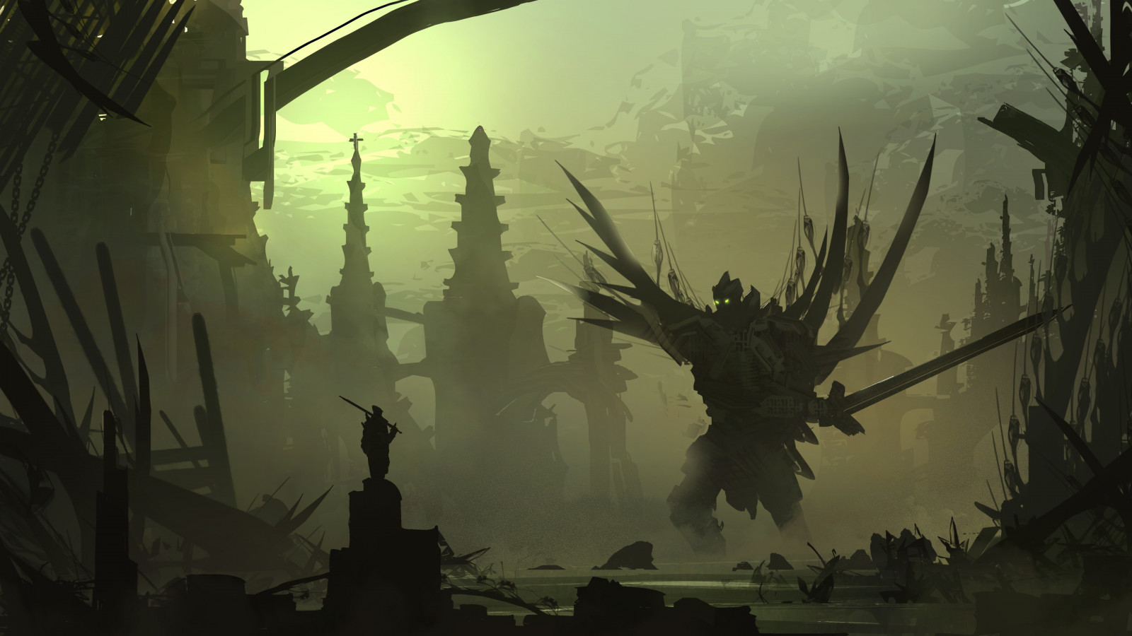 fantasy umění, stvoření, DeviantArt, hrdina, meč, loď duchů, tma, Snímek obrazovky, atmosférický jev, počítač tapeta