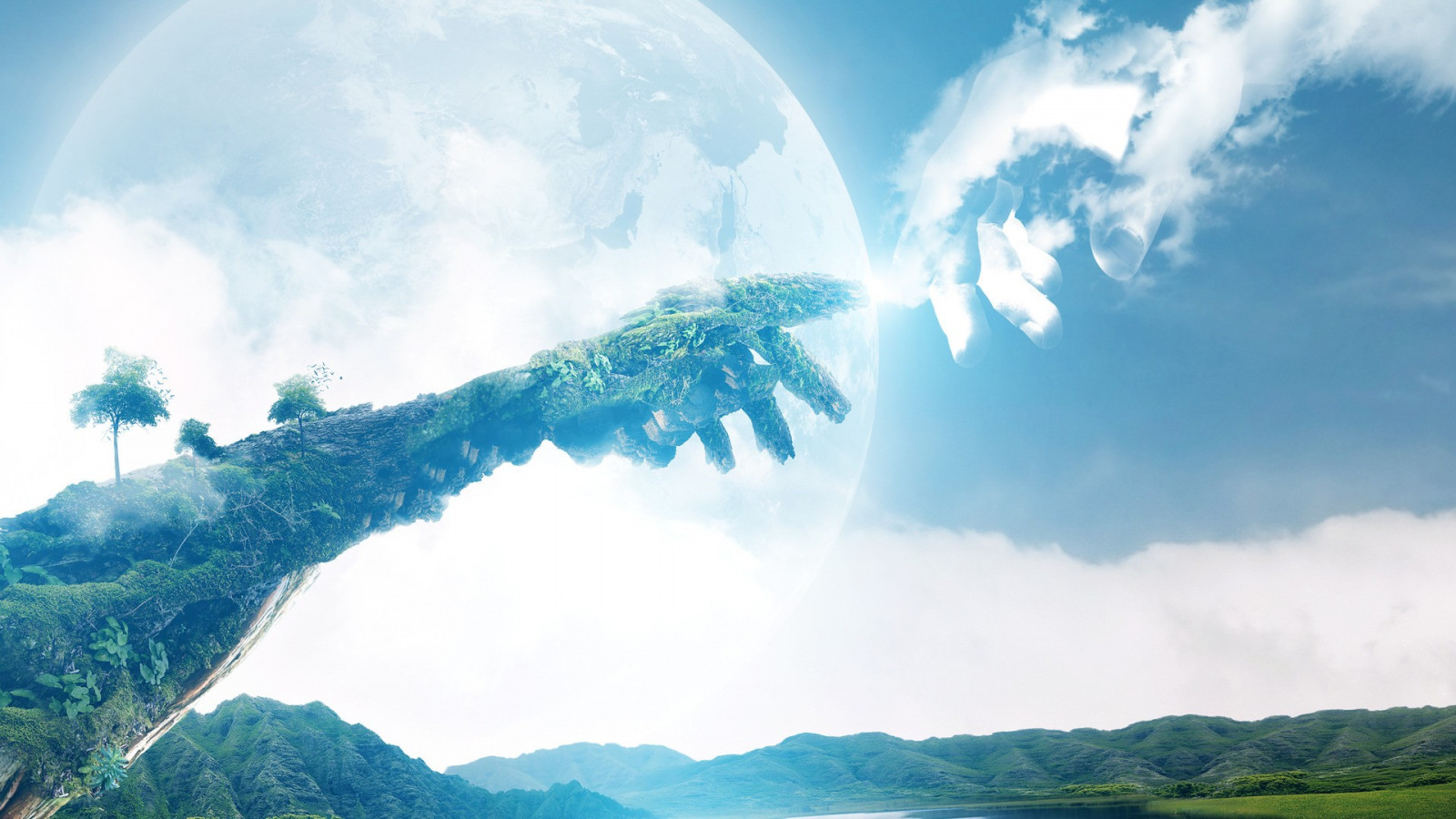 slnečnému žiareniu, stromy, krajina, digital art, fantasy umenie, ruky, planéta, príroda, neba, umelecké diela, atmosféra, mrak, vrch, dúha, atmosférický jav, počítač tapeta, atmosféra Zeme, pohorie, meteorologický jav