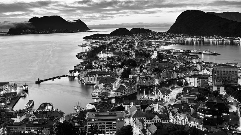 Alesund, panorámu mesta, krajina, 1920x1080 px, Monochrome, vrch Alesund, panorámu mesta, krajina, 1920x1080 px, Monochrome, vrch