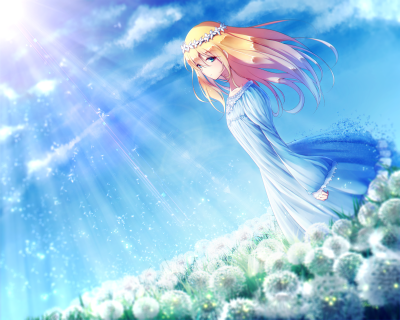 ilustrace, blondýnka, dlouhé vlasy, anime, anime dívky, modrý ilustrace, blondýnka, dlouhé vlasy, anime, anime dívky, modrý