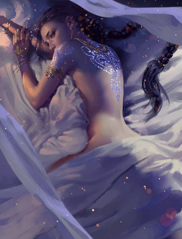 digital art,artwork,illustration,women,Erak note,bed