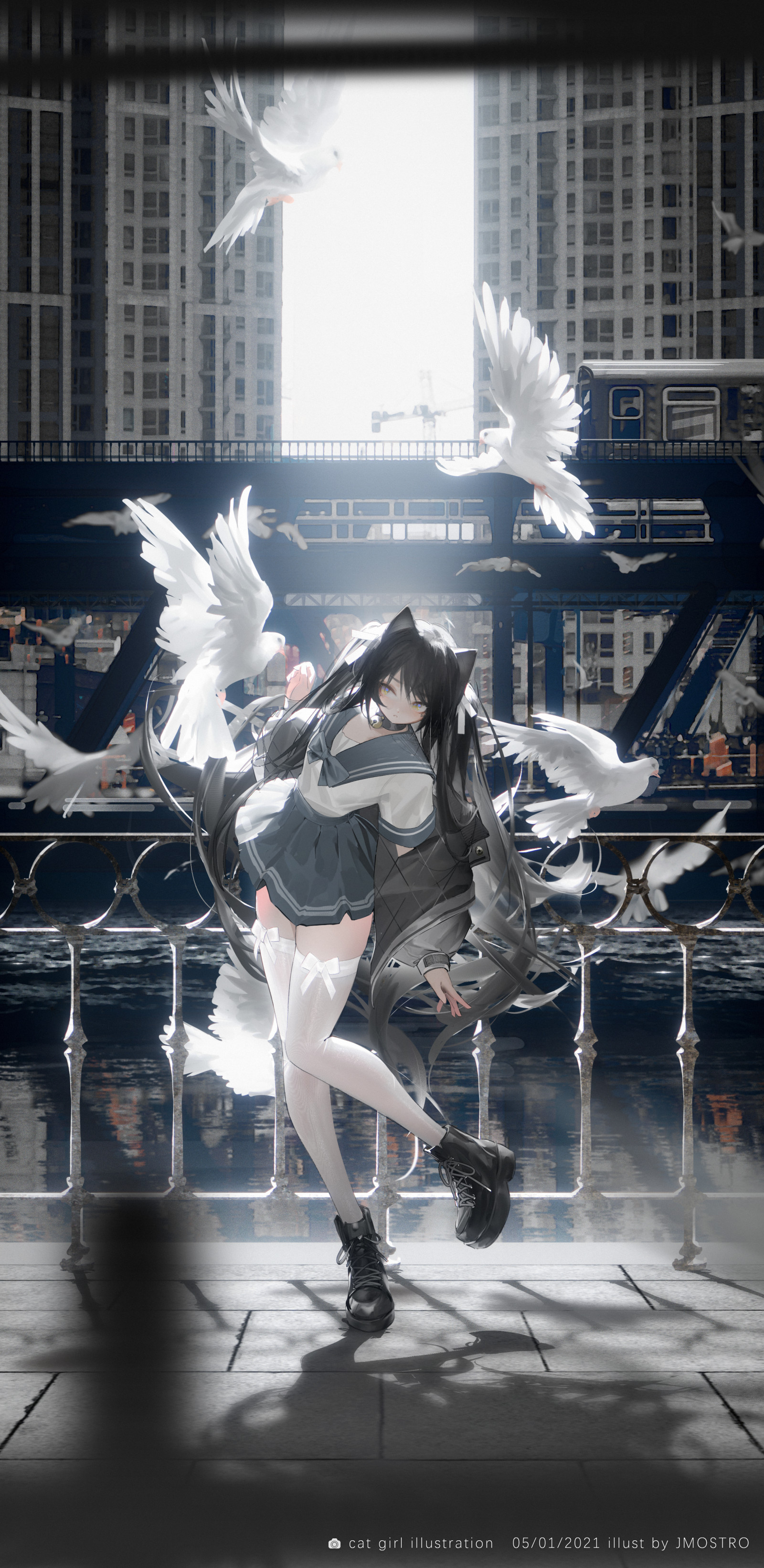 JMOSTRO, anime, anime dívky, kočka dívka, kočičí uši, ptactvo, školní uniforma, školačka, punčochy, dlouhé vlasy