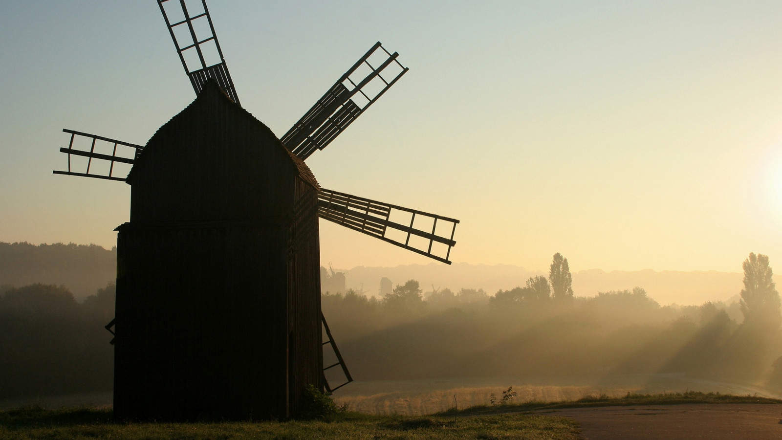 slunečnímu záření, krajina, západ slunce, svítání, večer, ráno, věž, mlha, hospodařit, vítr, větrný mlýn, soumrak, mlýn, svítání, atmosférický jev