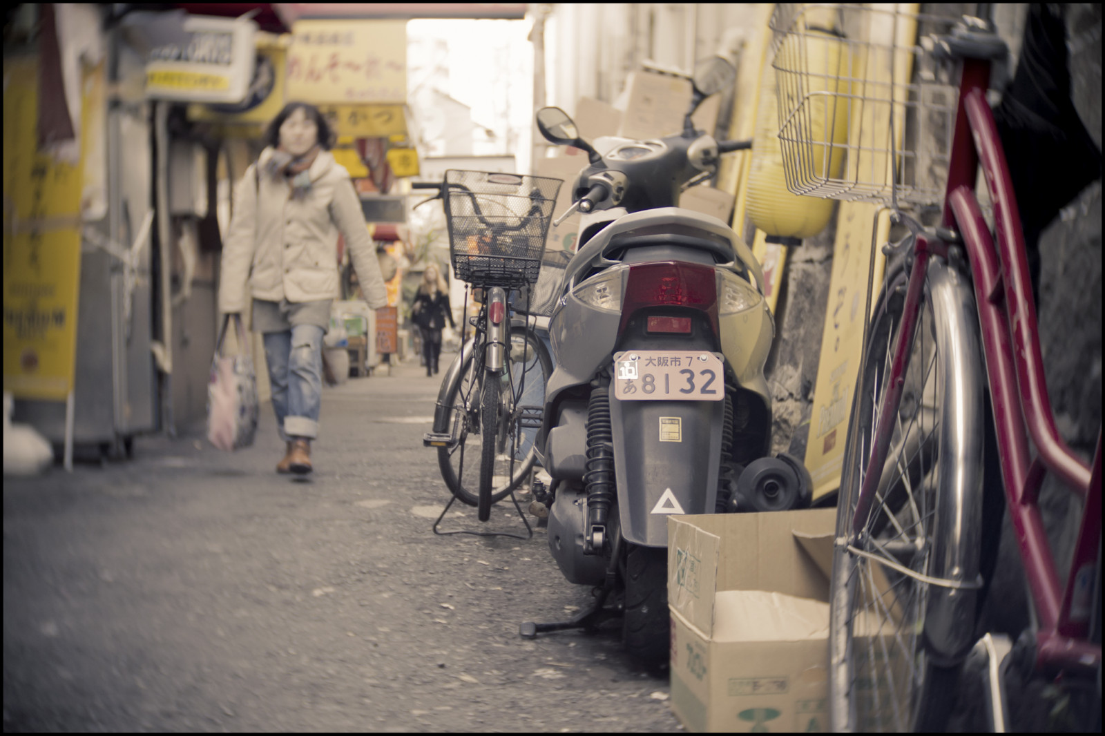 ulice, město, městský, rozmazat, dívka, kolo, jízdní kolo, Japonsko, chůze, japonský, alej, bokeh, koloběžka, vybledlý, Osaka, Kansai, úzký, ztlumen, Juso, osakashi, Charinko, yodogawaku, olympusem5, slrmagic26mmf14toylens