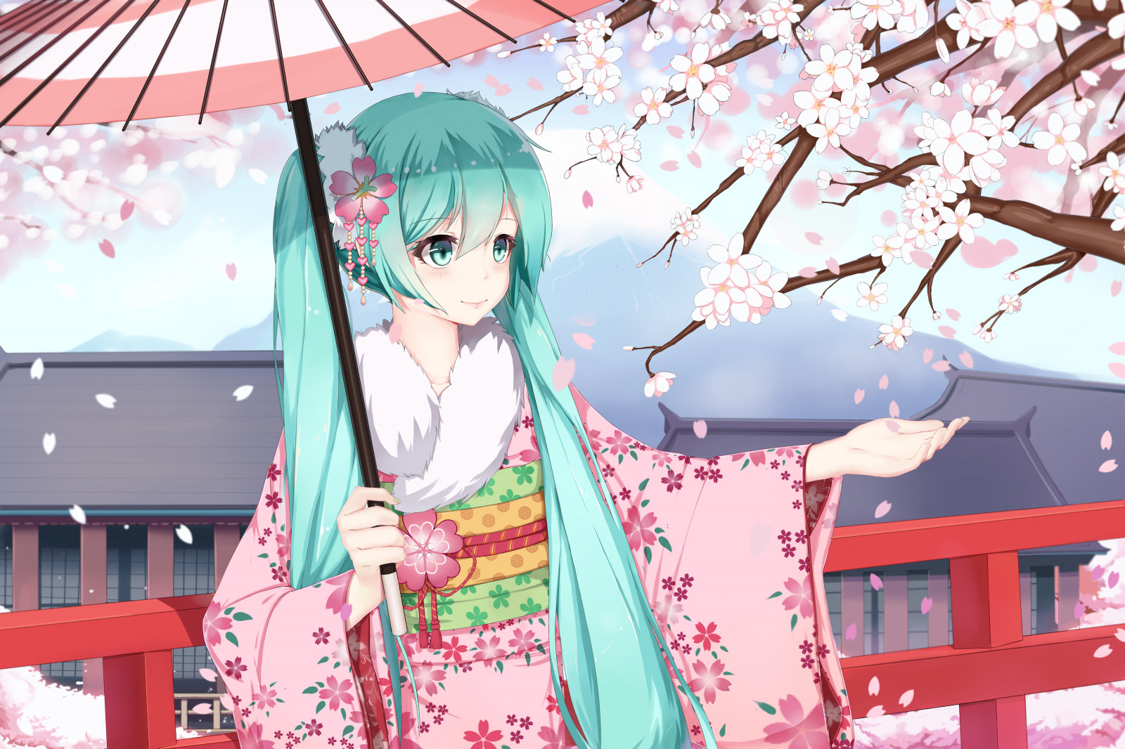 illustrazione, anime, Vocaloid, Hatsune Miku, rosa, chimono, primavera, capi di abbigliamento, fiore, ragazza, sakura, costume, suono di zucchero