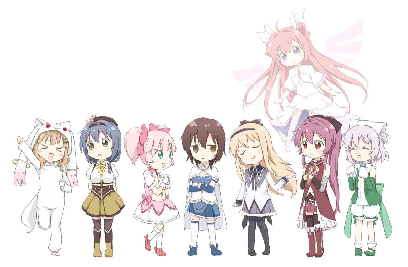 Yuru Yuri, bílé pozadí, Mahou Shoujo Madoka Magica, anime, anime dívky, bílá kůže, magical girls, Funami Yui, Akaza Akari, Toshinou Kyouko, Sakurako Ohmuro, Yoshikawa Chinatsu, jednoduché pozadí, Sugiura Ayano, Furutani Himawari, Chitose Ikeda