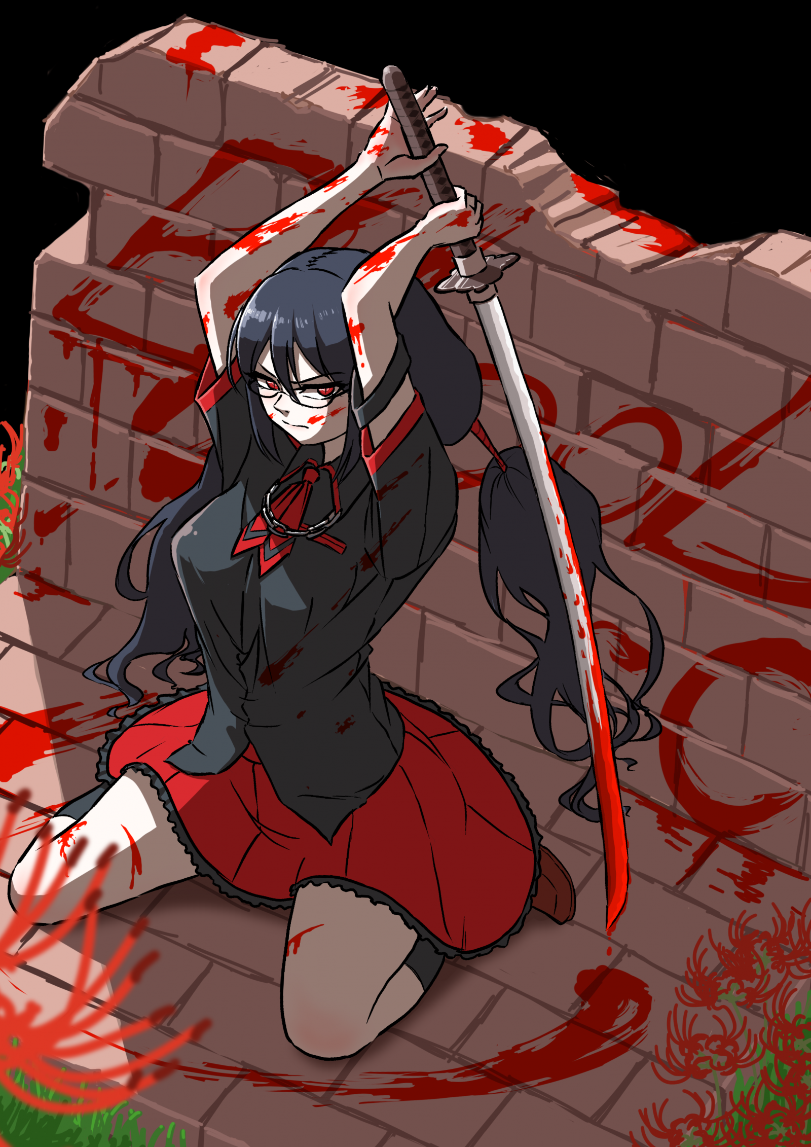 anime, anime dívky, Blood C, Kisaragi Saya, dlouhé vlasy, černé vlasy, sólo, umělecká díla, digitální umění, fan art, katana, červené oči, brýle, krev, školní uniforma, školačka