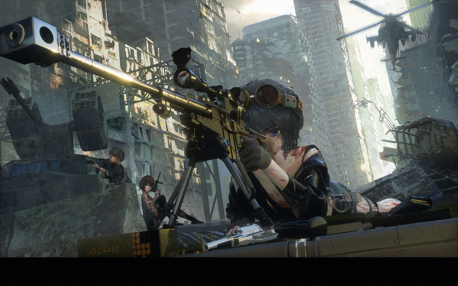 anime dívky, zřícenina, dívky s zbraněmi, vrtulníky