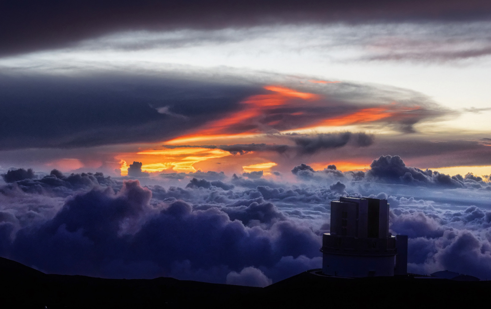 Hawaii, velký, ostrov, Spojené státy americké, sjednocený, stavy, Sony, Archipel, Mauna, kea, observatoř, vrcholek, horní, vrchol, hora, Věda, obři, dalekohled, subaru, nebe, oblohy, panoráma, POV, západ slunce, mraky, horizont, mimo, oblak, ciel, exterieur, maunakea, Spojené státy